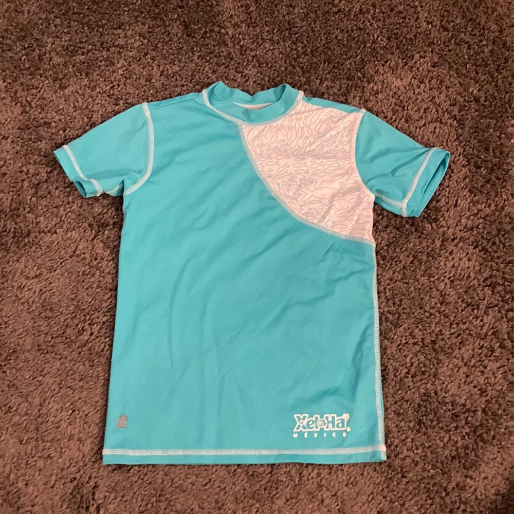 Youth small blue short sleeve swim top ~ upf 50+ sun protection